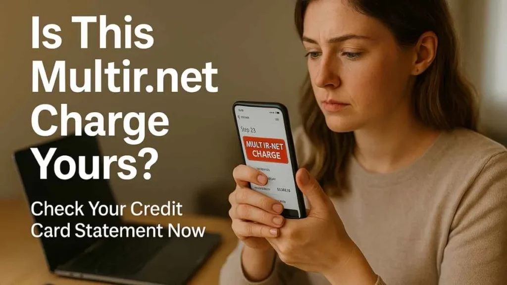 A concerned woman checking her smartphone for an unexpected Multir.net charge on her credit card statement, with text asking “Is This Multir.net Charge Yours?”