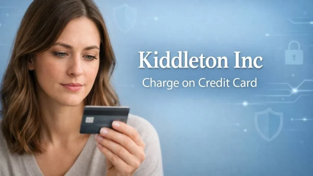 American woman reviewing her credit card after noticing a Kiddleton Inc charge on her credit card statement