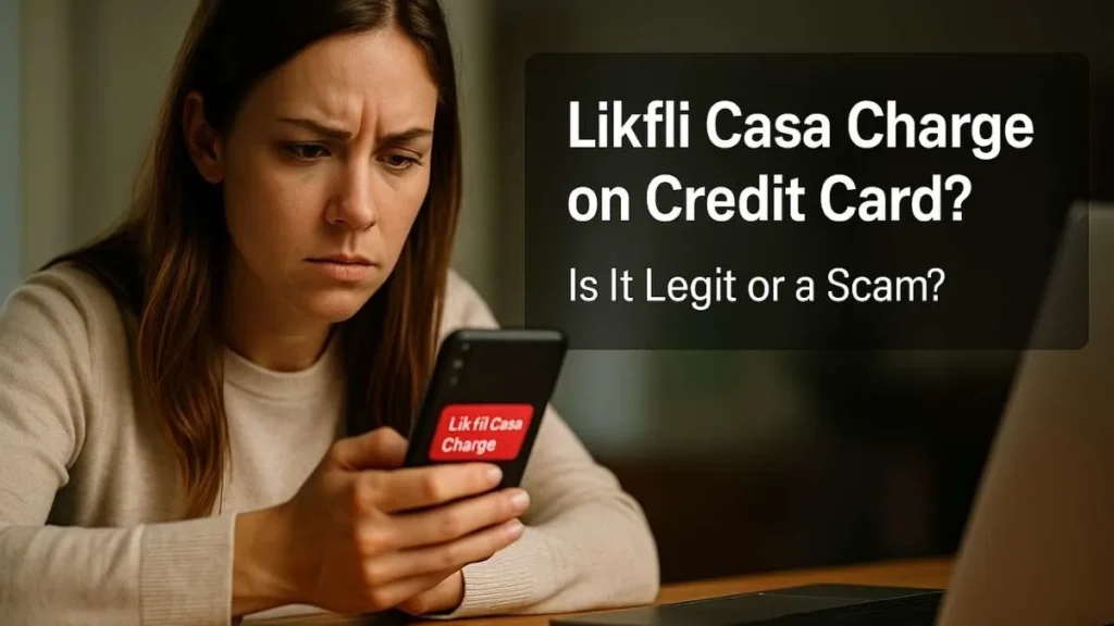 Worried American woman looking at her phone showing a suspicious “Likfli Casa Charge,” with a text box asking if the credit card charge is legit or a scam.