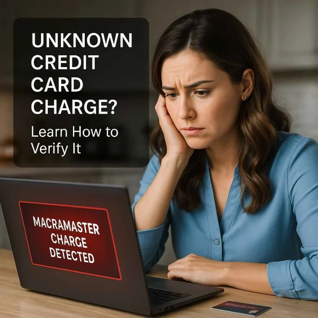 American woman in a blue blouse looking worried at her laptop showing a Macramaster charge alert, with a warning message on the left side.