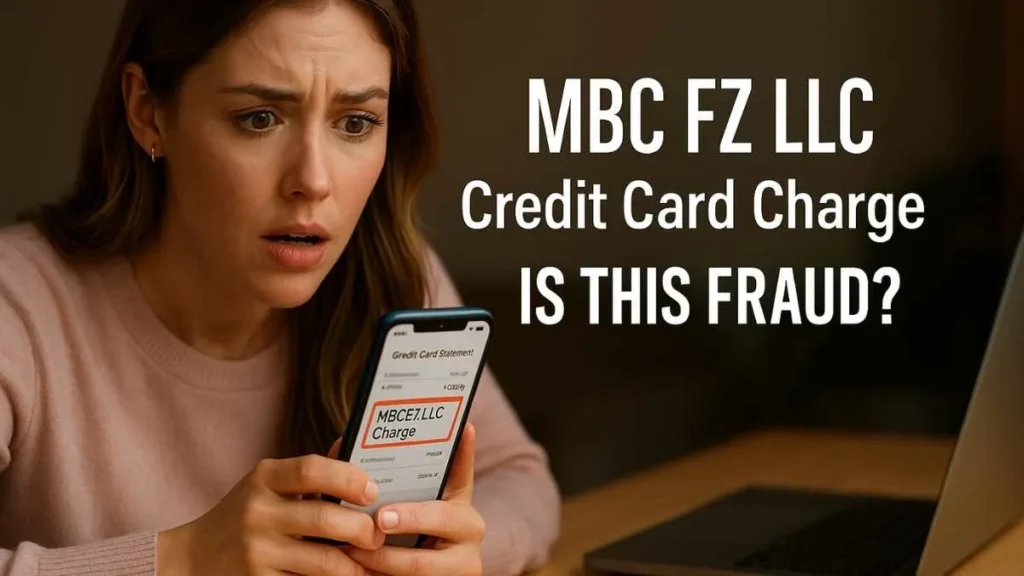 A shocked American woman looking at her smartphone showing an MBC FZ LLC credit card charge highlighted as suspicious, asking “Is This Fraud?” with a credit card and laptop on the desk.