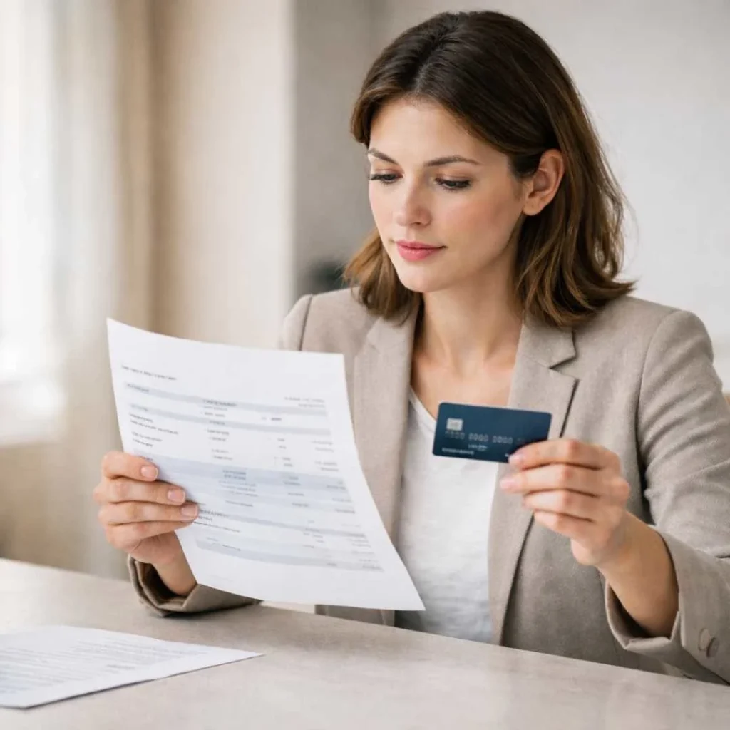 American woman calmly reviewing a credit card statement to verify a Mentadrills charge