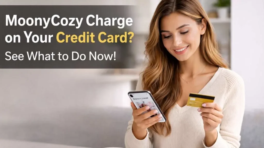 Young woman shopping online on MoonyCozy website while holding a credit card