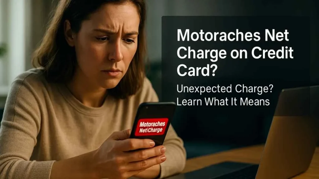 A worried American woman checking a suspicious Motoraches net charge on her credit card, with warning text displayed on the screen