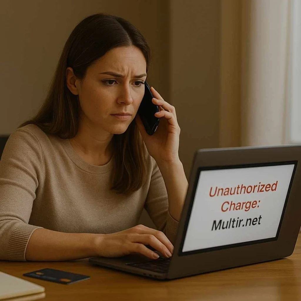 An American woman calling her bank while reviewing an unauthorized Multir.net charge on her laptop.