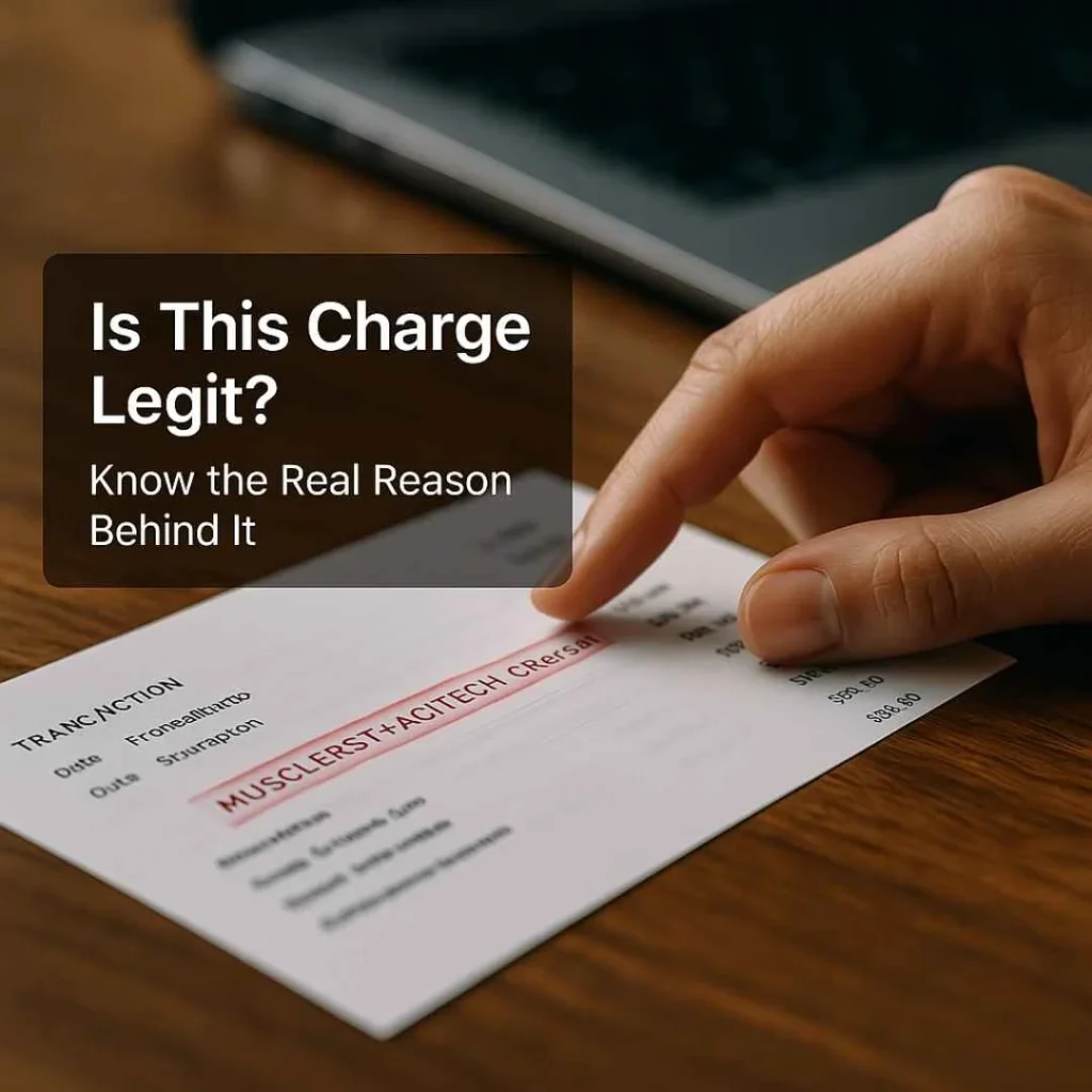 A close-up of a credit card statement showing a red-highlighted “MUSCLEBSTACTITECH Charge” with a woman’s hand pointing at it and a text box asking “Is This Charge Legit