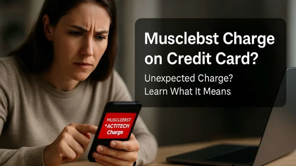 A worried American woman looking at her smartphone showing a red “MUSCLEBSTACTITECH Charge” alert, with a text box saying “Musclebst Charge on Credit Card? Unexpected Charge? Learn What It Means.