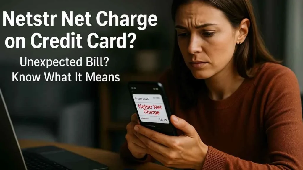 Concerned woman checking her phone for a suspicious Netstr Net charge on credit card highlighted in red.