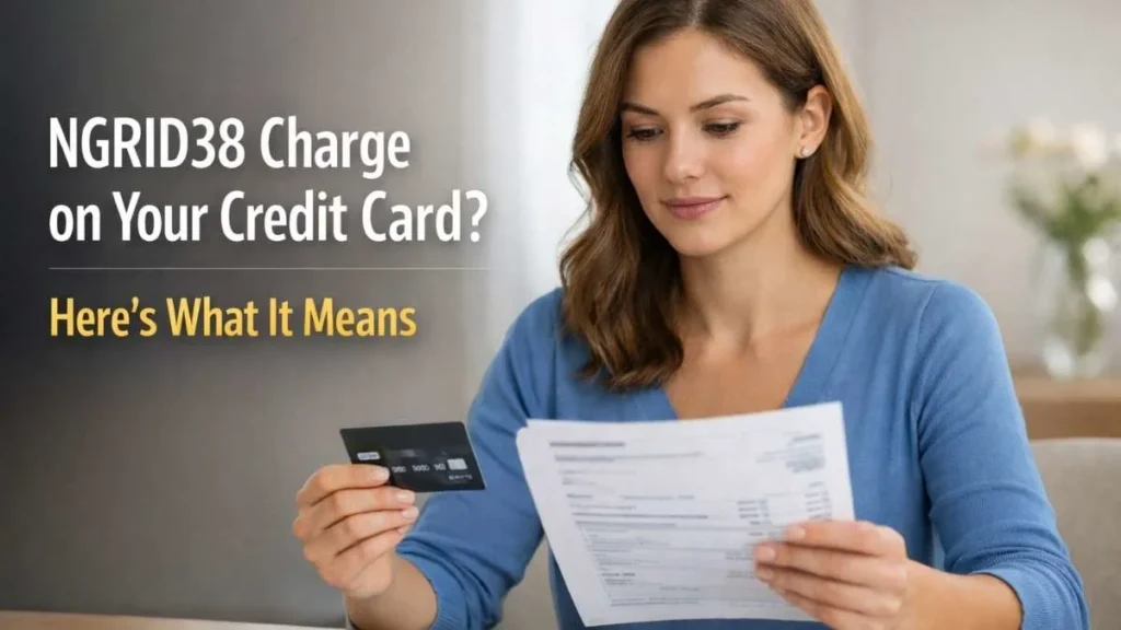 American woman reviewing an unfamiliar NGRID38 charge on her credit card statement