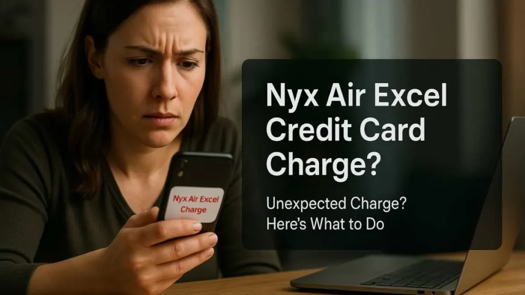 Concerned American woman checking a suspicious Nyx Air Excel charge on her smartphone with alert text on screen, credit card and laptop on desk.
