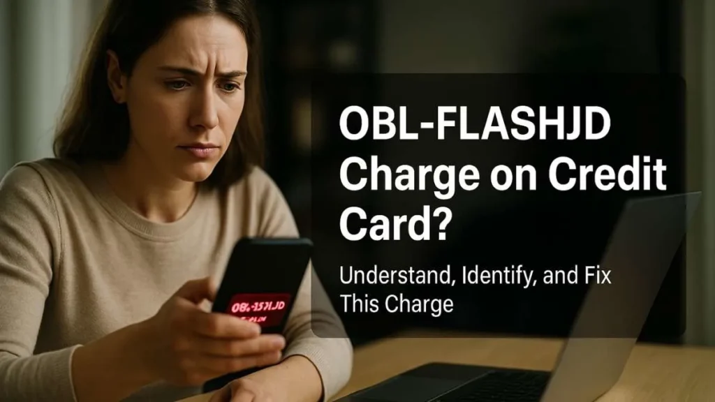 Worried American woman checking an unfamiliar OBL-FLASHJD charge on her credit card smartphone screen with alert text displayed.