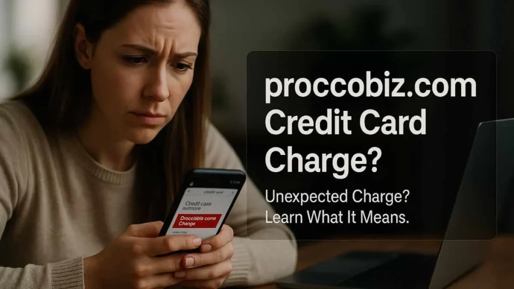 Worried American woman checking her phone showing a suspicious proccobiz.com credit card charge highlighted in red, with text box explaining the unexpected charge.