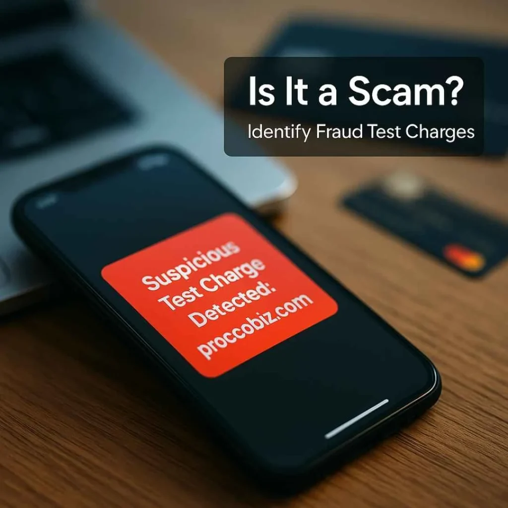 Smartphone showing a suspicious proccobiz.com test charge alert in red with a credit card and laptop in the background.