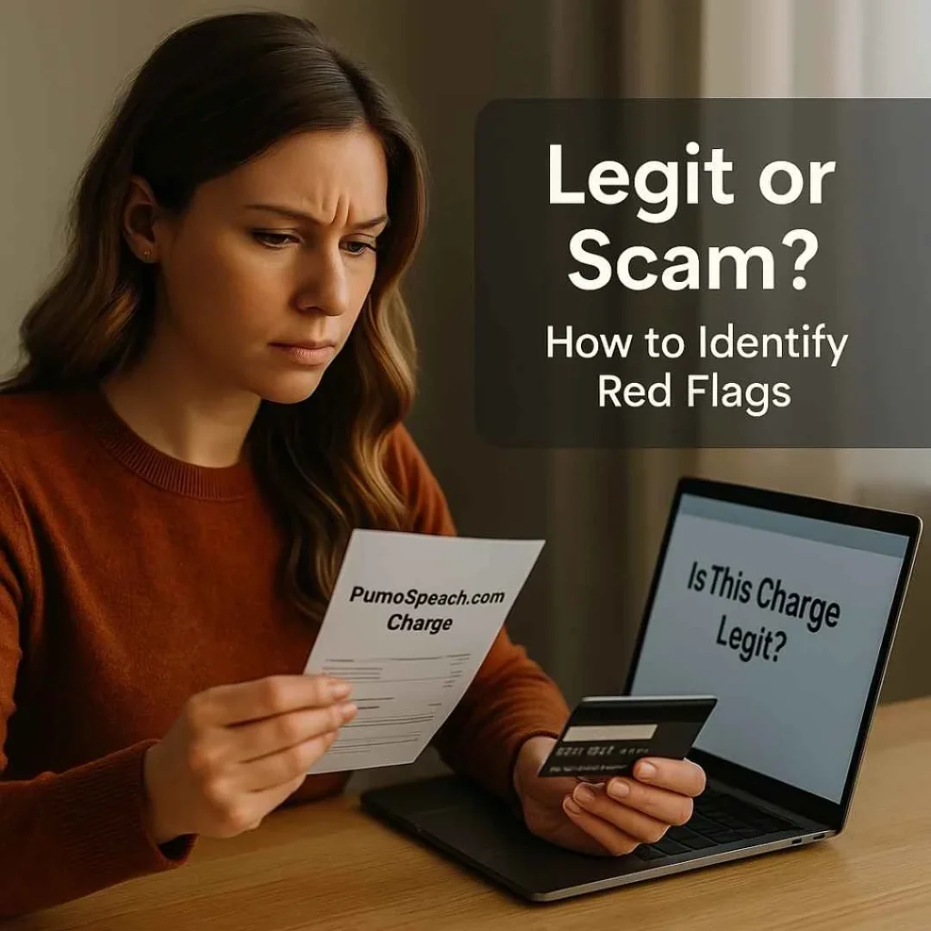 American man reviewing a PumoSpeech.com charge on his credit card statement and checking if it is legitimate or a scam.