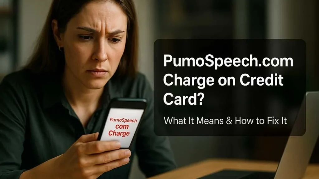 Worried American woman looking at her phone showing a PumoSpeech.com charge on credit card, with a warning text box explaining what the charge means.