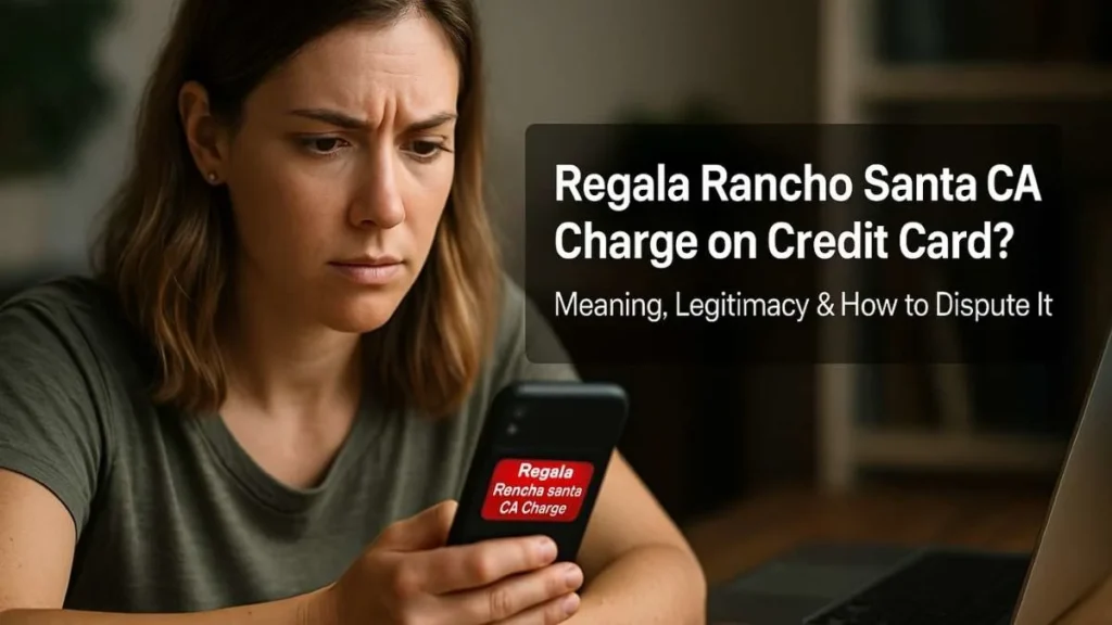 Concerned American woman checking a suspicious Regala Rancho Santa CA charge on her credit card statement displayed on her smartphone at a home office desk.