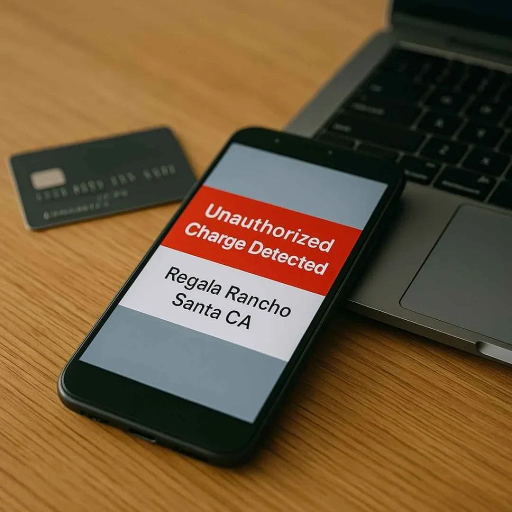 Smartphone on a desk displaying an unauthorized Regala Rancho Santa CA credit card charge alert in red beside a laptop and credit card.