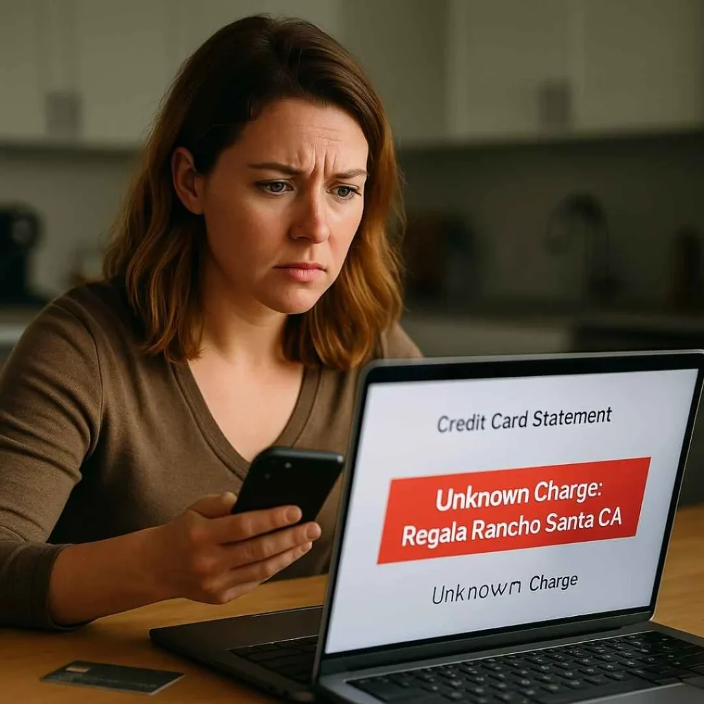 American woman reviewing her credit card statement on a laptop showing an unknown Regala Rancho Santa CA charge highlighted in red.