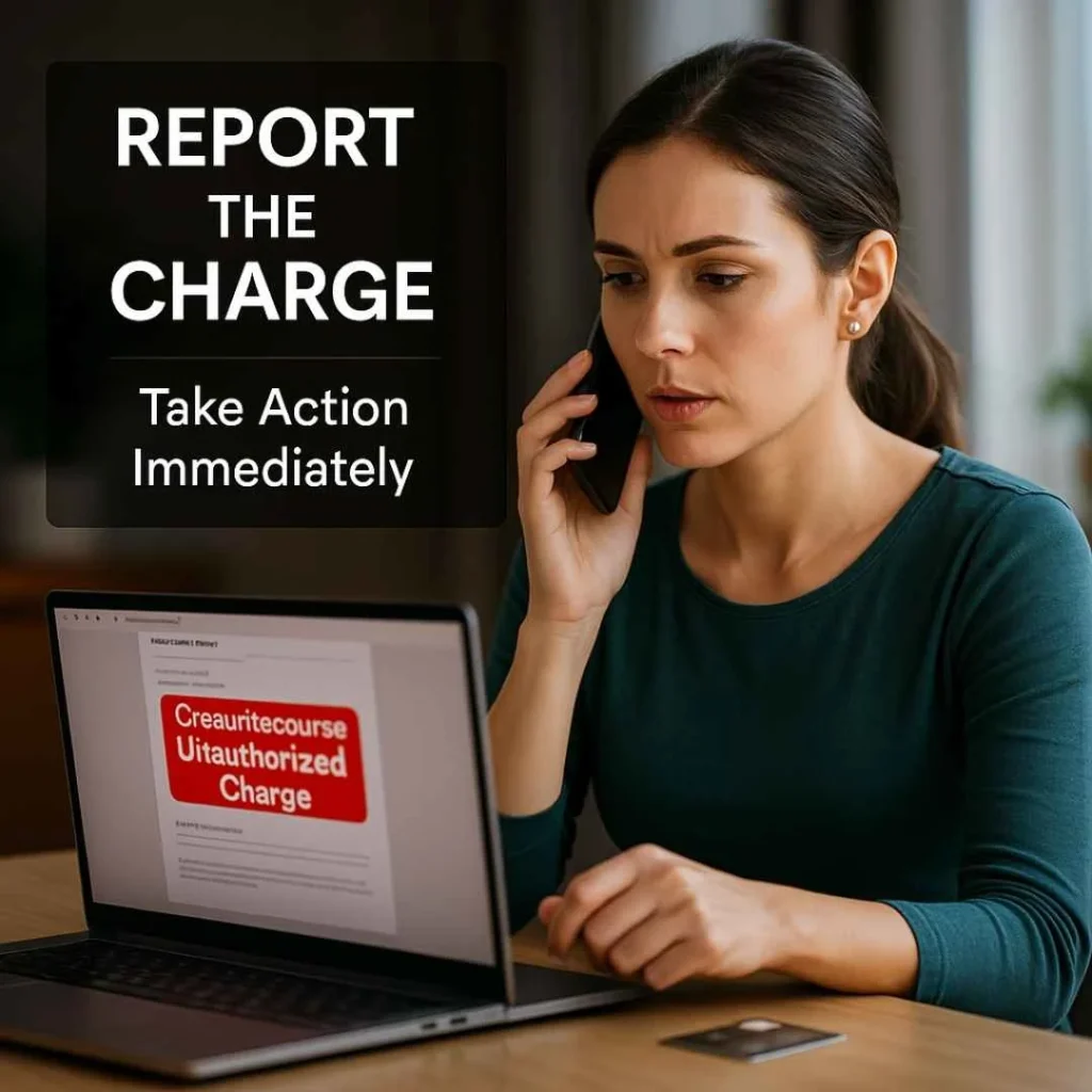 American woman calling her bank to report a Creawritecourse unauthorized credit card charge displayed on her laptop.