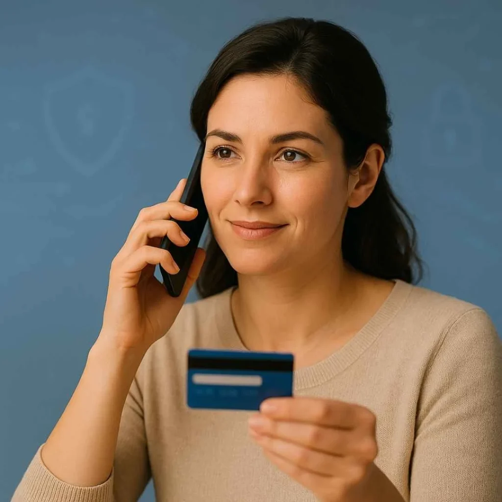 Woman calling her bank to report an unrecognized FMG Addins credit card charge