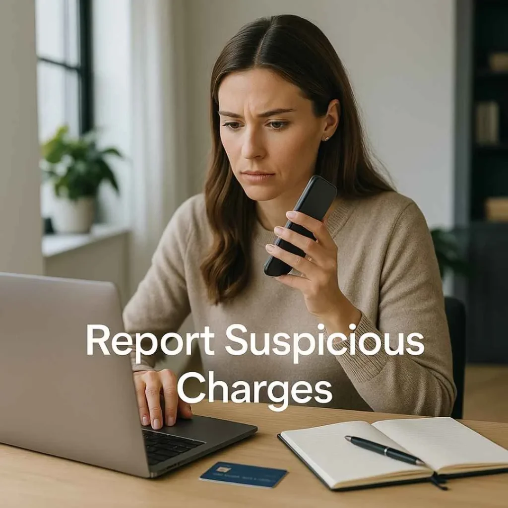 Woman calling her bank and typing on a laptop to report a suspicious Charsand credit card charge.