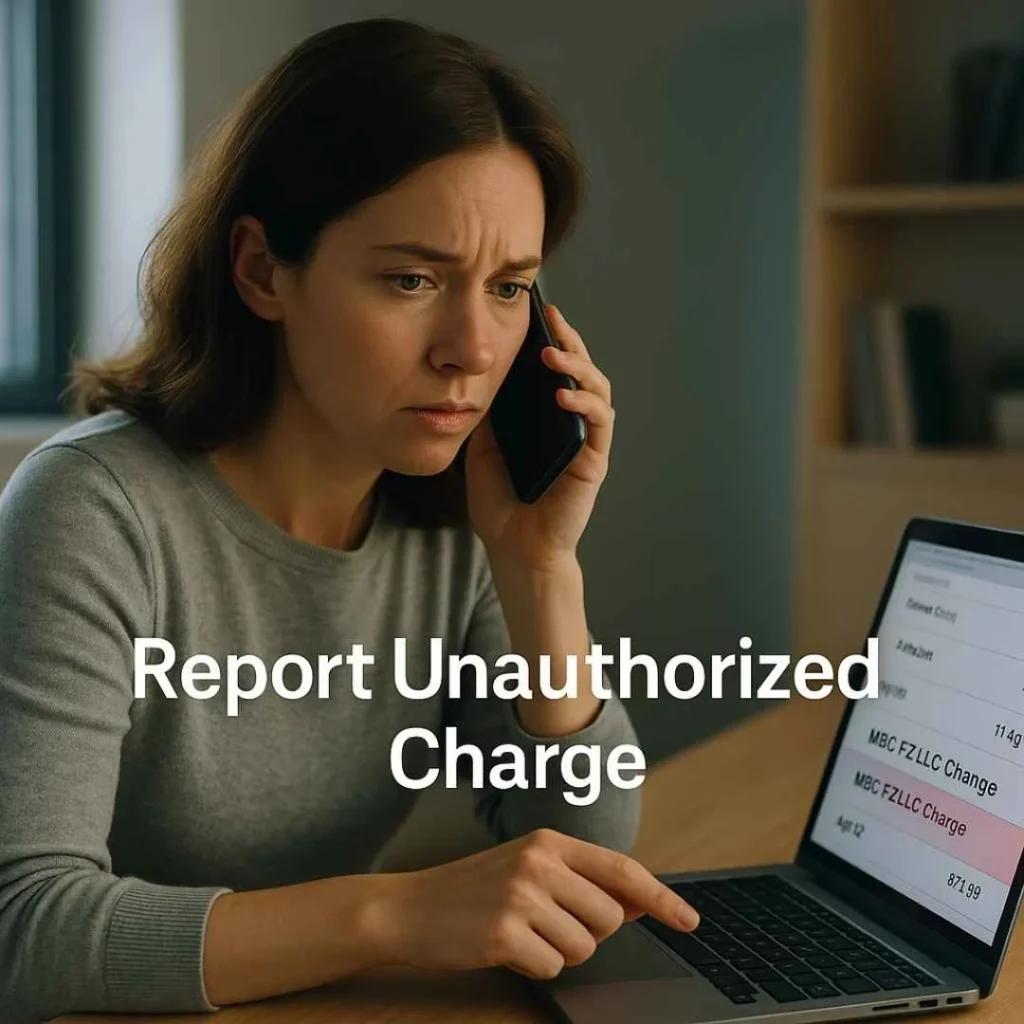 A worried American woman calling her bank while looking at a laptop screen showing an unauthorized MBC FZ LLC credit card charge highlighted in red