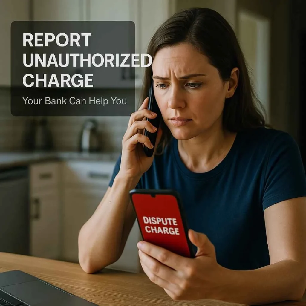 American woman calling her bank to dispute an unauthorized Motoraches net charge, representing the correct steps for handling fraudulent credit card activity.