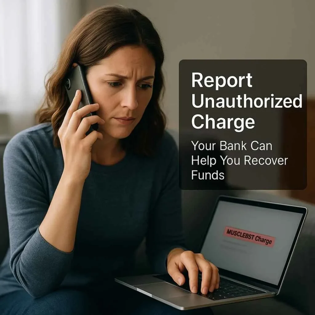 An American woman calling her bank about a suspicious musclebst charge, with her laptop displaying a red alert and a text box saying “Report Unauthorized Charge