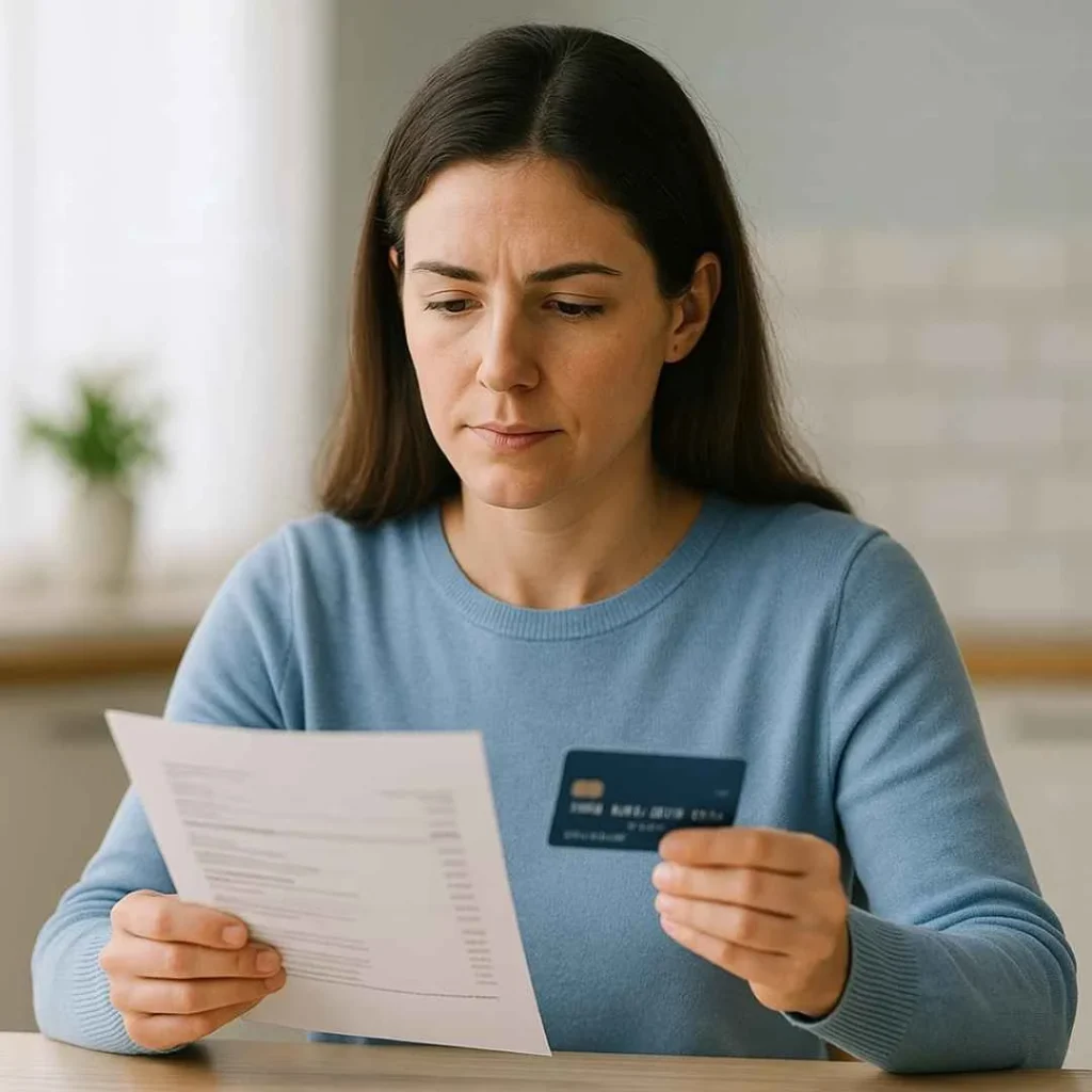 American woman reviewing her credit card statement to understand an unfamiliar charge
