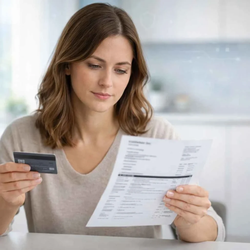 Woman reviewing her credit card statement to verify a Kiddleton Inc charge