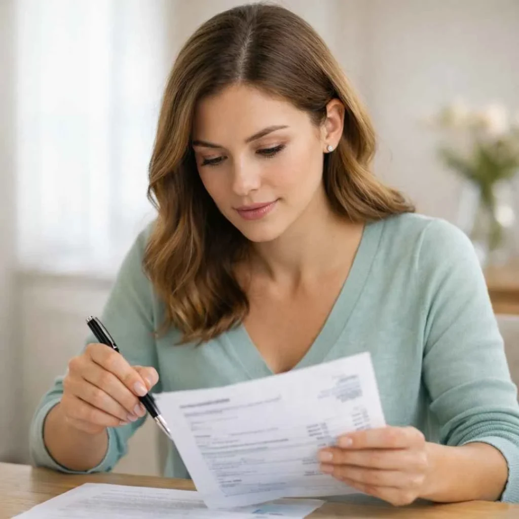 Woman carefully reviewing an unfamiliar charge on her credit card statement