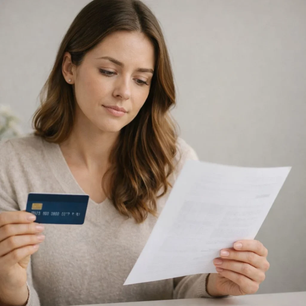 Woman reviewing a credit card statement to verify an unfamiliar charge before contacting the bank
