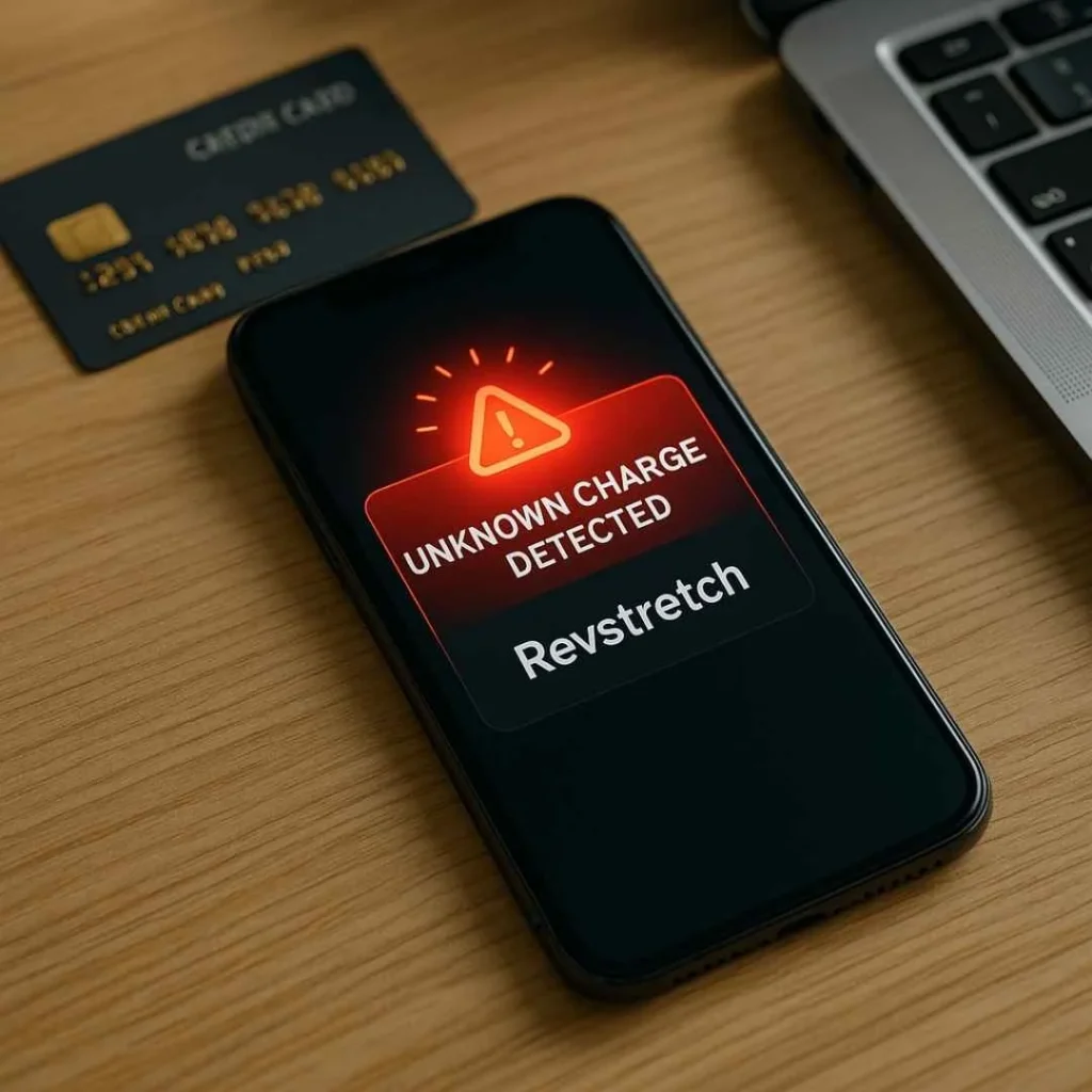 Top-down photo of a smartphone showing an unknown Revstretch charge alert beside a credit card and laptop on a modern desk.