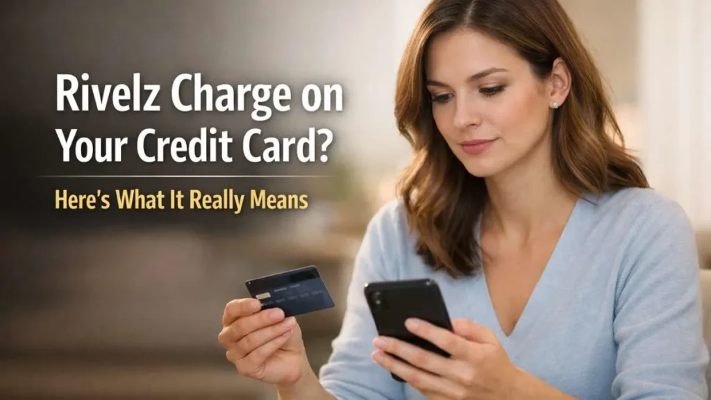 Woman reviewing a Rivelz charge on her credit card while checking a payment on her smartphone