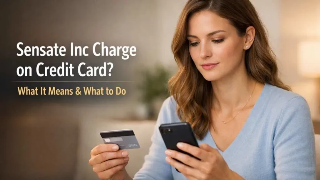 American woman calmly checking a Sensate Inc charge on her credit card using a smartphone