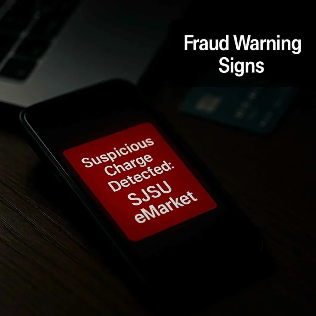 Smartphone showing a suspicious SJSU eMarket charge alert in red, displayed beside a credit card and laptop on a desk.
