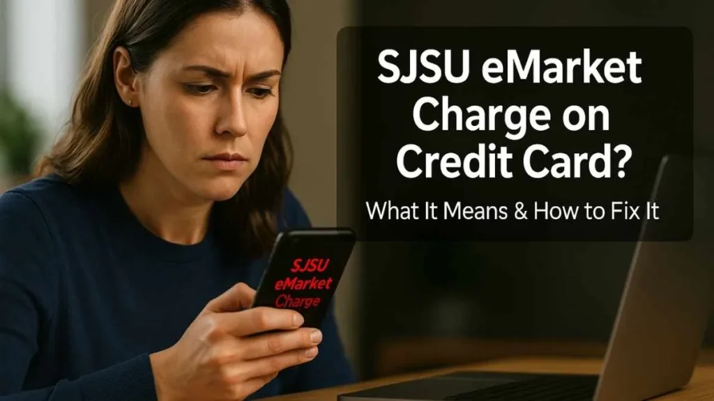 Concerned American woman checking a suspicious SJSU eMarket charge on her smartphone at a home office desk