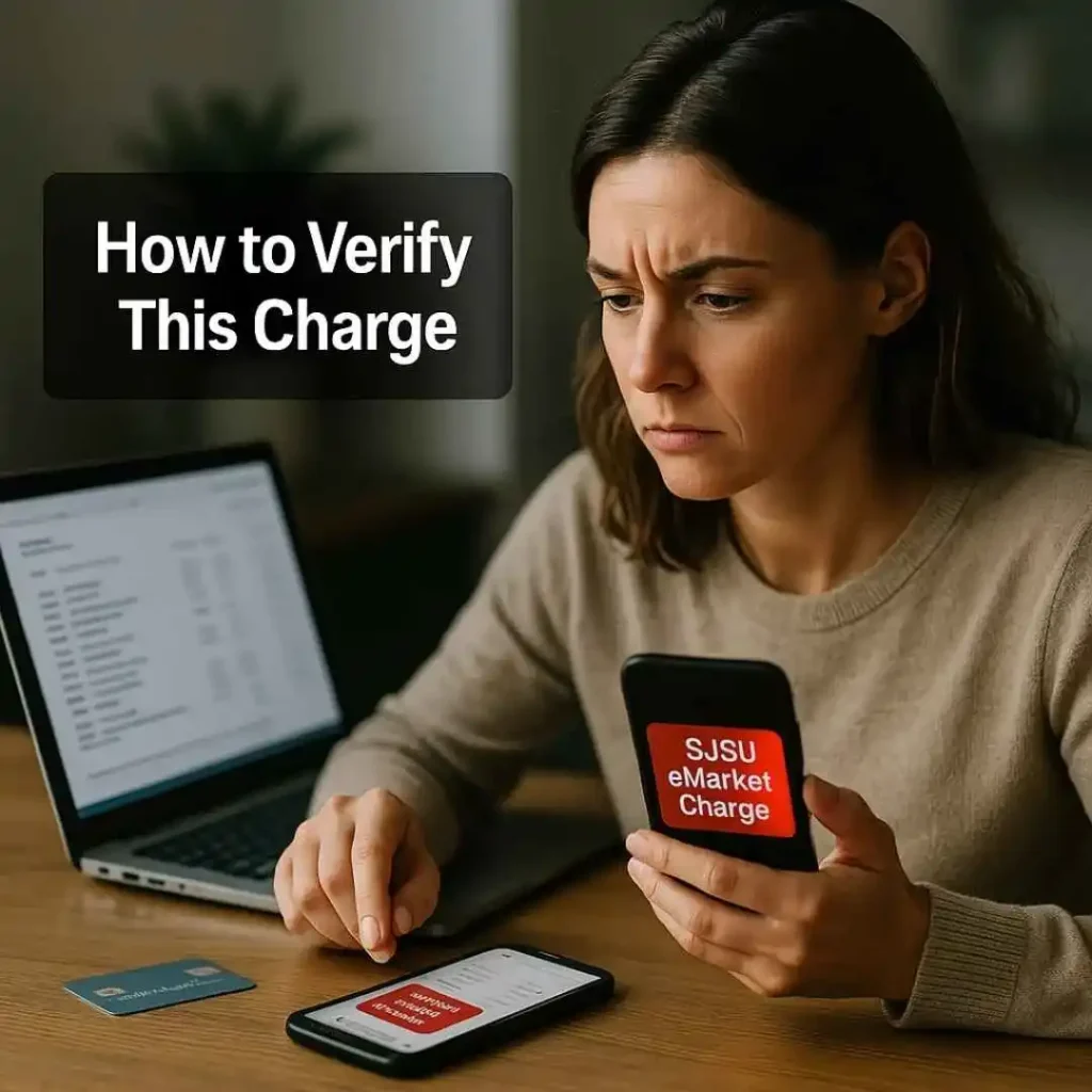 Woman reviewing a suspicious SJSU eMarket charge on her laptop and phone while verifying her credit card statement.