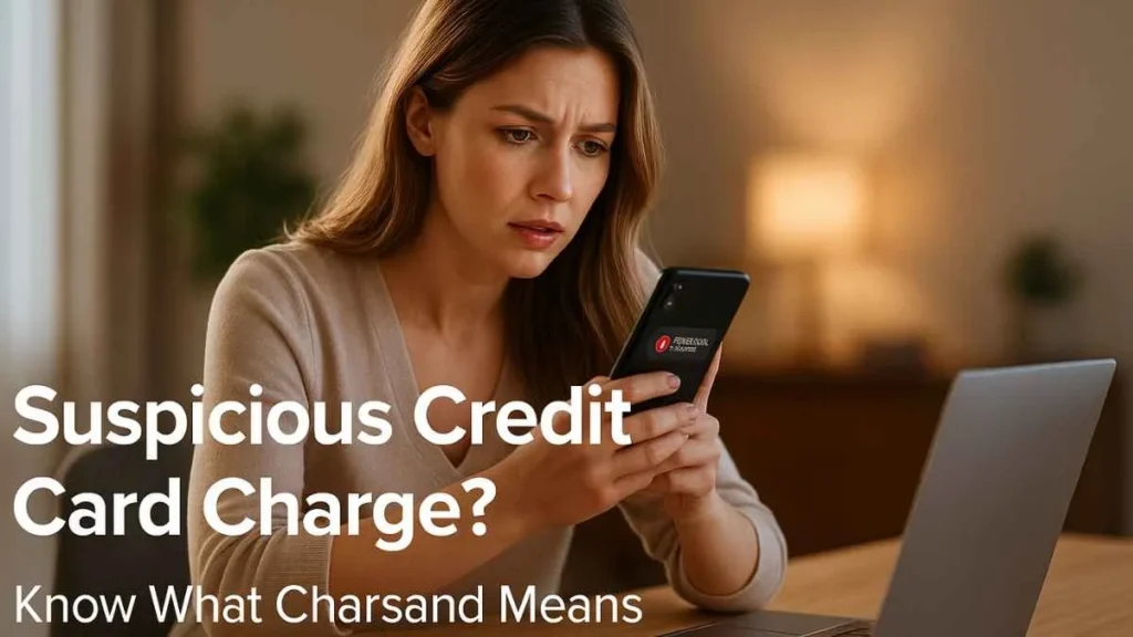 Worried woman checking her phone for a suspicious credit card charge labeled Charsand, sitting at a desk with a laptop and card nearby.