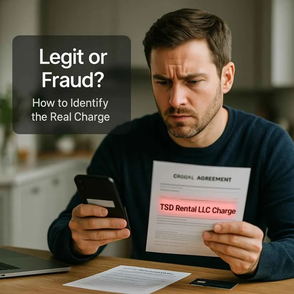 Man comparing a TSD Rental LLC credit card charge with a rental agreement to determine if the transaction is legitimate or fraudulent.