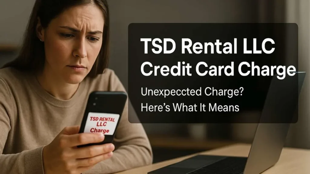 Woman reviewing a suspicious TSD Rental LLC credit card charge on her smartphone.