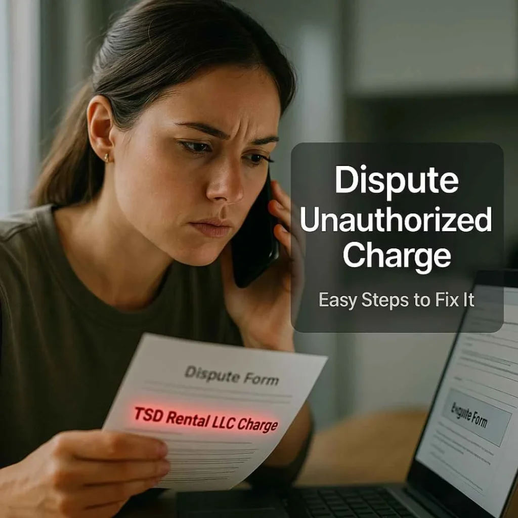 Concerned woman calling her bank to dispute an unauthorized TSD Rental LLC credit card charge while viewing the dispute form on her laptop.