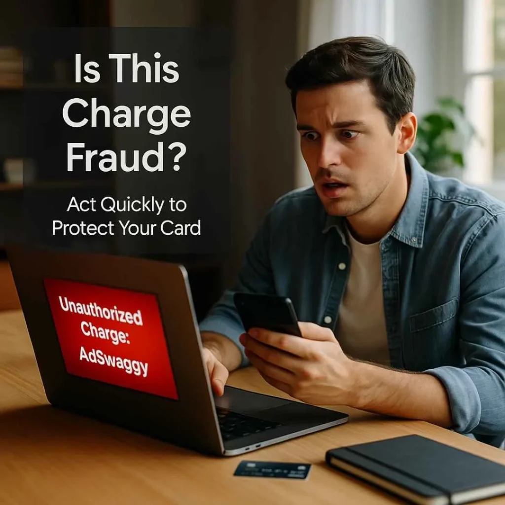 Young American man shocked while viewing an unauthorized AdSwaggy charge alert on his laptop at home