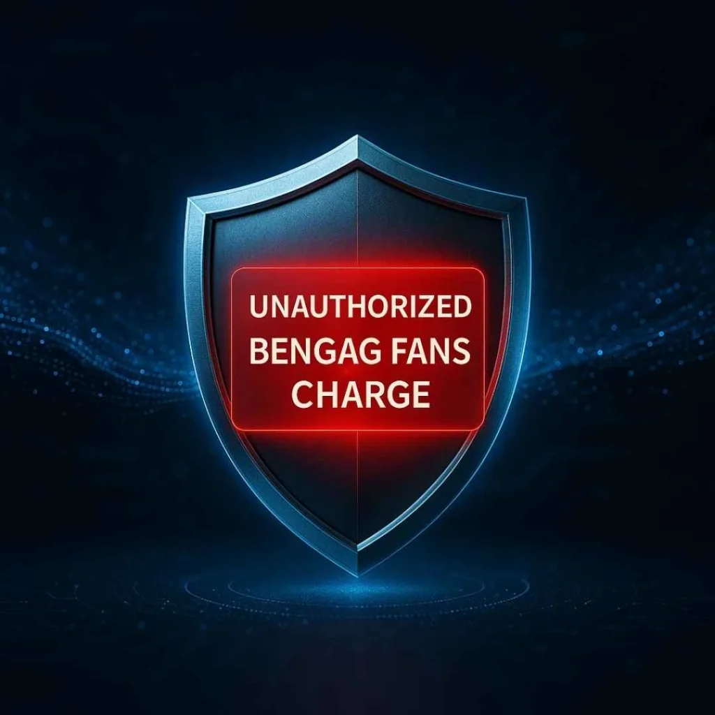 Cybersecurity shield glowing with a red unauthorized Bengag Fans charge alert, symbolizing credit card fraud risk.