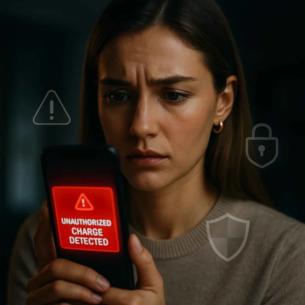 Close-up of a woman looking at her smartphone showing an unauthorized credit card charge alert in a dark modern apartment.