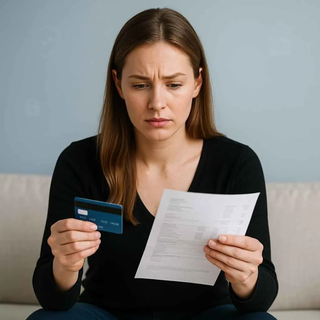 Man reviewing bank statement after noticing an unauthorized Introdepot charge on credit card