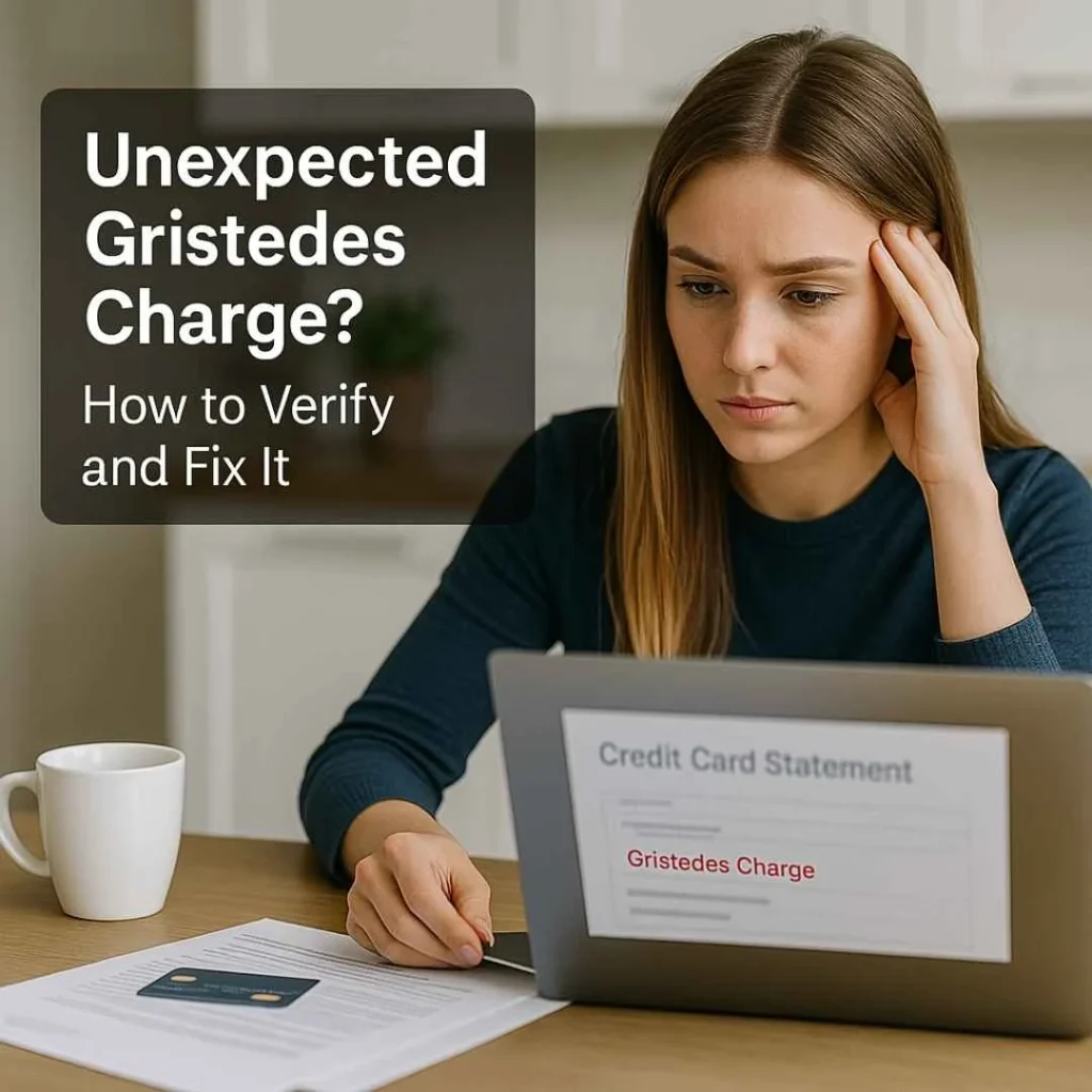 A worried American girl reviewing his laptop credit card statement with a red-highlighted “Gristedes Charge,” alongside paperwork and a credit card, with a text box saying “Unexpected Gristedes Charge? How to Verify and Fix It.