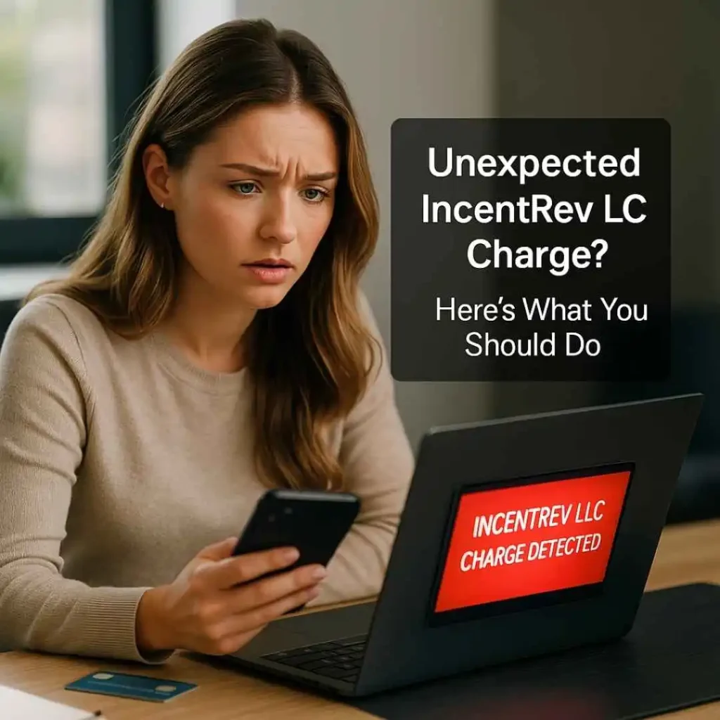 Pretty American woman looking at a laptop alert showing an unexpected IncentRev LLC charge on her credit card