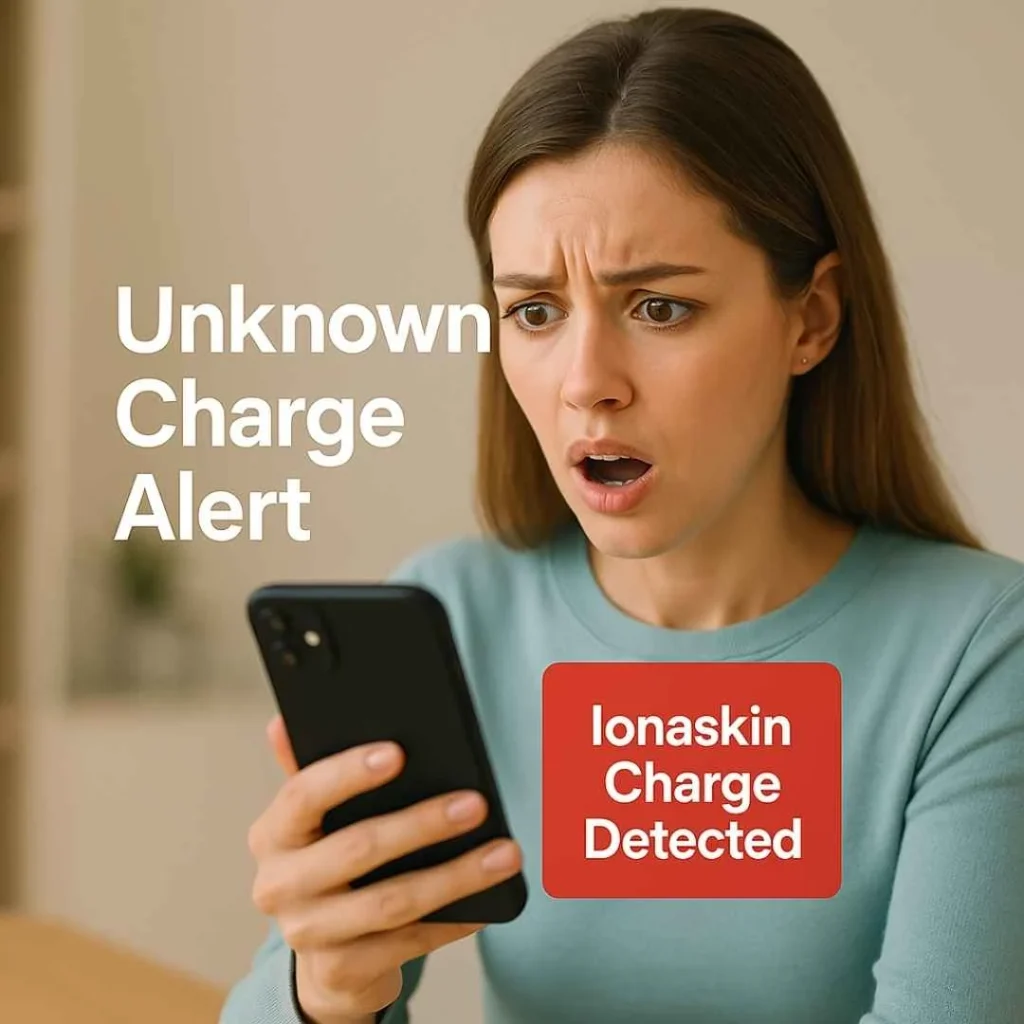 Shocked American woman looking at her smartphone showing an alert for an Ionaskin charge detected on her credit card.