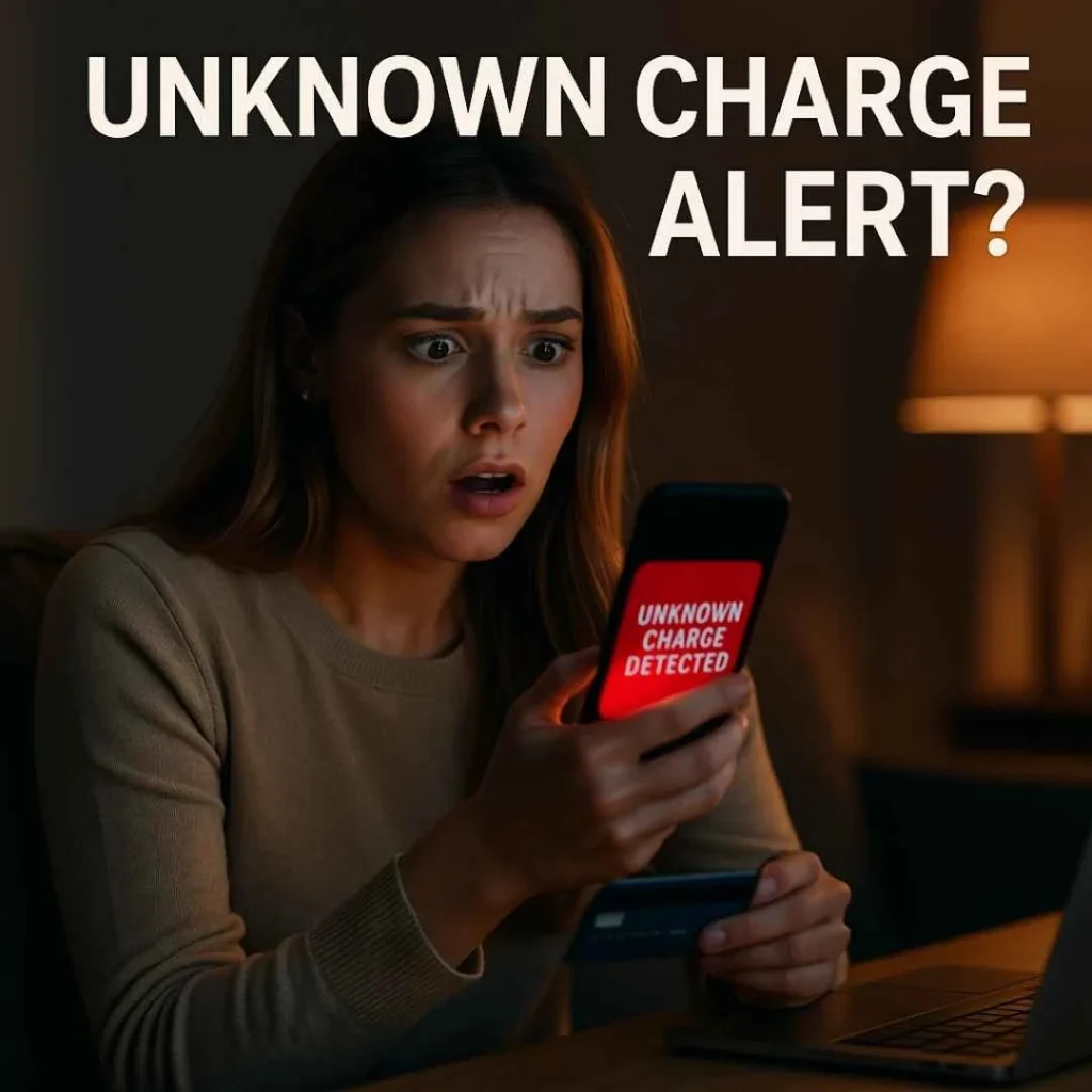 Shocked woman checking her phone after receiving an unknown credit card charge alert related to Charsand